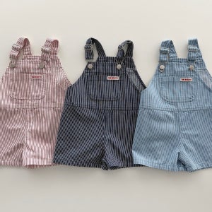 유아 세로 스트라이프 멜빵 반바지 여아 남아 키즈 아기 오버롤