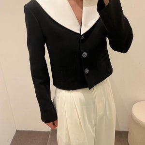 수입 심플 배색 세일러 가을 카라 크롭 블랙 자켓 화이트 M