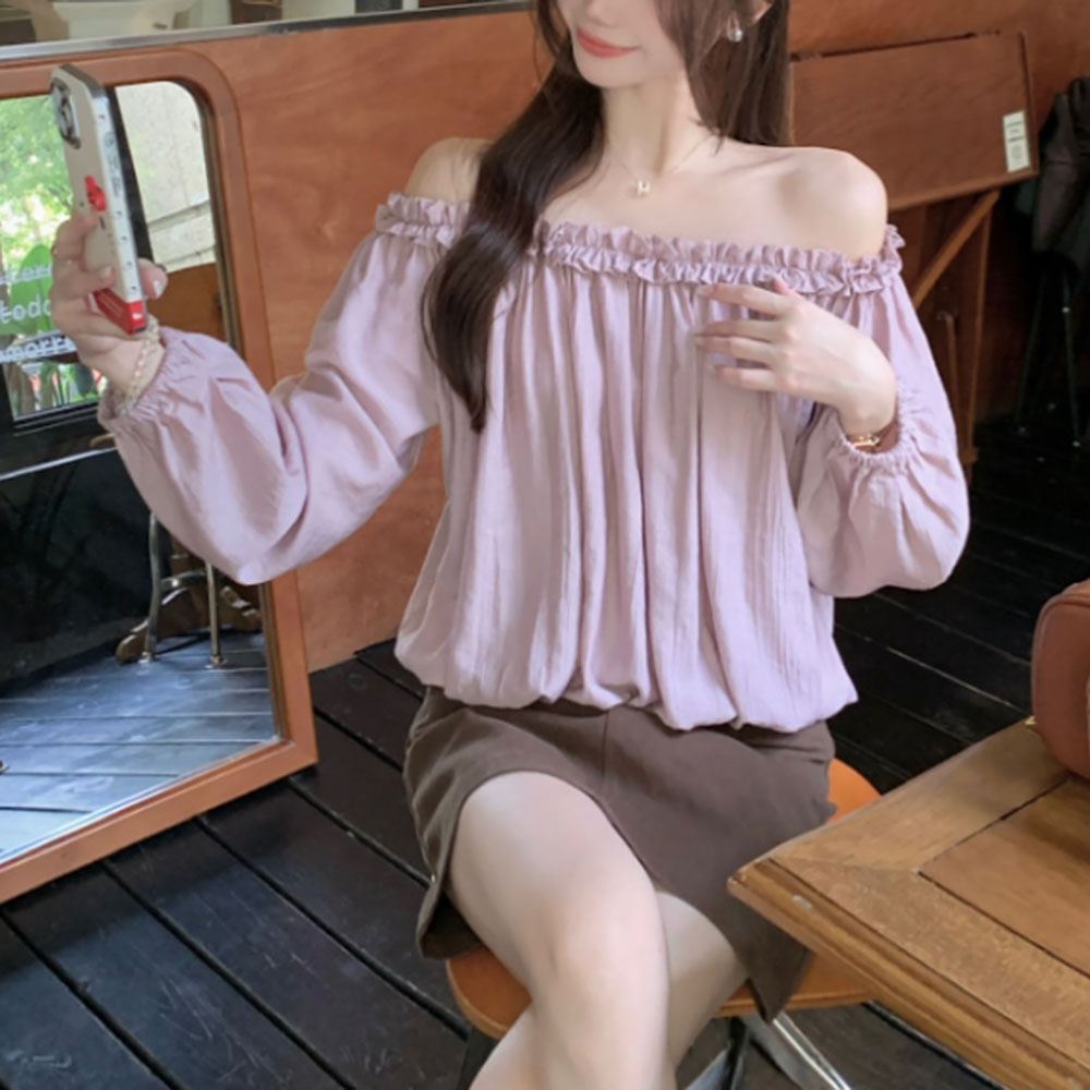 프릴 밴딩 오프숄더 크림 퍼플 블라우스