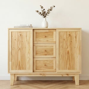 베르데퍼니처 가을 원목 슬라이딩도어 거실 수납장 3단서랍 선반조절 수납장 TV거실장