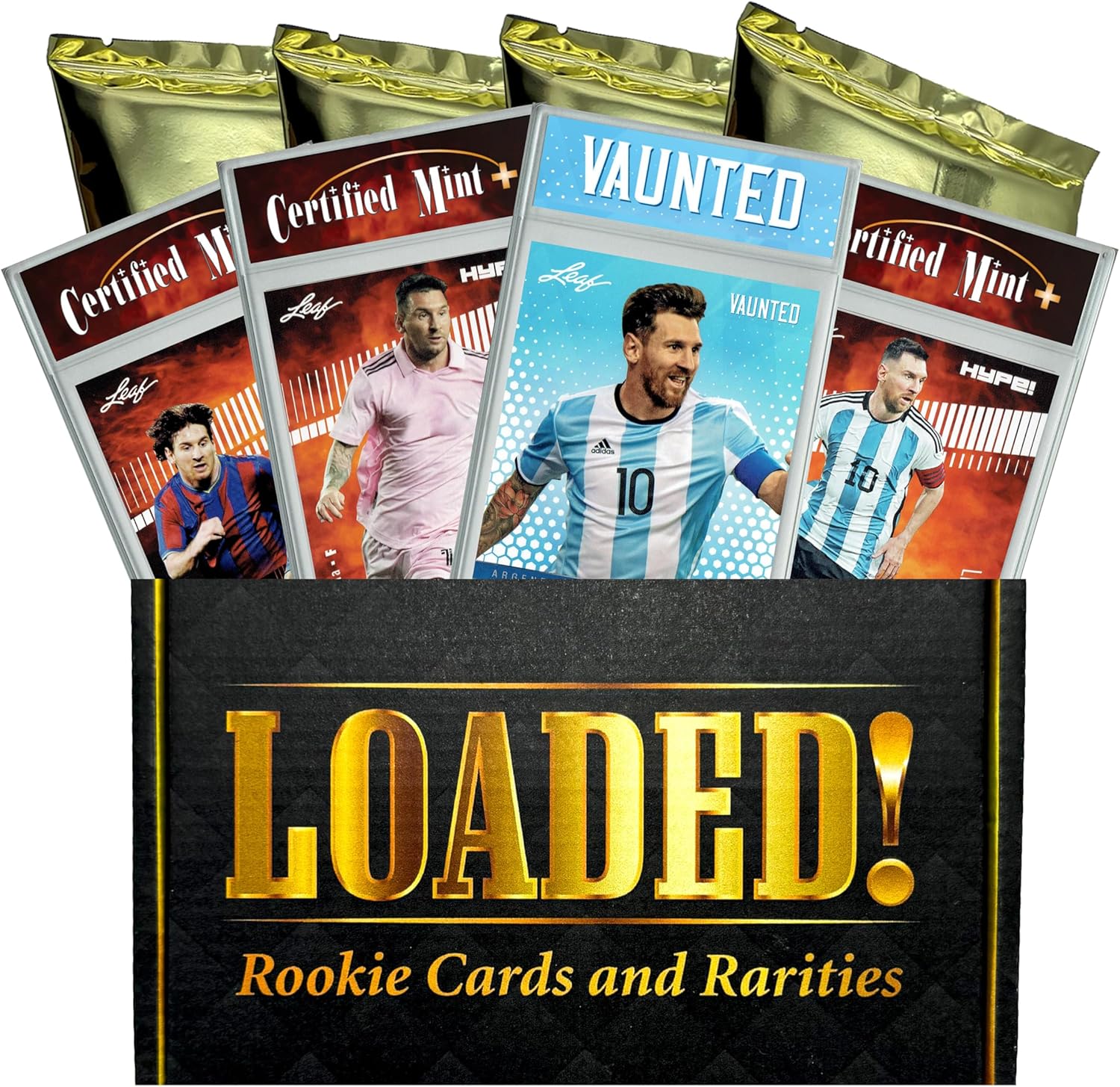 LOADED! 리오넬 메시 축구 컬렉터스 박스: 인증된 민트+ 스페셜 에디션 카드 4장 - Leaf HYPE! & Vaunted 단 5000개 한정 인터 마이애미 바르셀로나 PSG