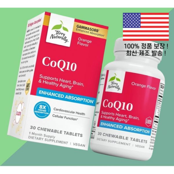 <b>테리 내추럴리</b> 코엔자임Q10 코큐텐 코엔자임큐텐 CoQ10 츄어블 셀룰러 <b>에너지</b> 서포트 하이어 업소프션 브레인 30정 Terry Naturally Chewables 30 38575