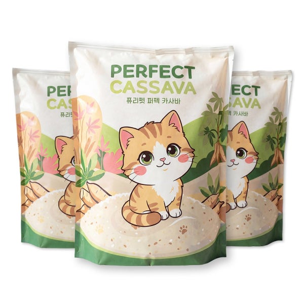 퓨리펫 퍼펙 먼지없는 카사바 고양이 모래 무향 강력 응고 4.3kg 3개