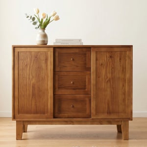 베르데퍼니처 가을 원목 슬라이딩도어 거실 수납장 3단서랍 선반조절 수납장 TV거실장