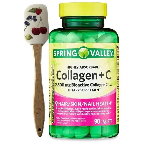 <b>피부 탄력</b> 히알루론산 콜라겐 <b>스프링 밸리</b> 고성 + C 정제 2500mg 90개 수 닉 앤 나 주걱 1개(스테이크 다양)