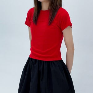 데이모어 무지 라운드 슬림핏 세미크롭 숏 여성용 스판 반팔 티셔츠 여름