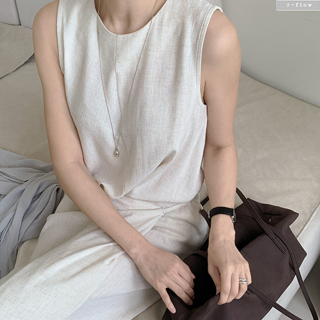 웨이스 라운드 민소매 꼬임 랩 롱원피스 2col 봄 여름 린넨 코튼 맥시 휴가룩 제이플로우
