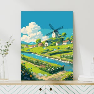 원그리드 DIY 명화그리기 세트 캔버스 유화 페인팅 300x400mm, 풍차와 시냇가