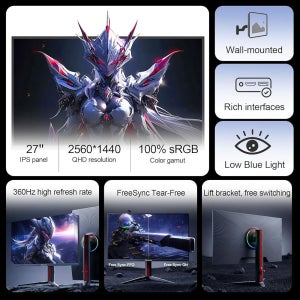 Reletech 27인치 360Hz 게이밍 모니터, 2K QHD (2560x1440) IPS 패널, 1ms, 서포트 프리싱크, 100 sRGB, 높이 /Pivot / Swivel