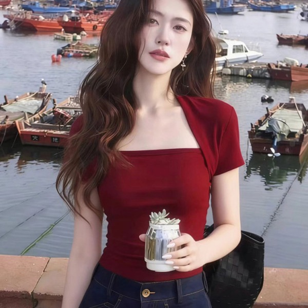 여성 반팔 티셔츠 스퀘어넥 가을 슬림핏 이너탑 대표 이미지