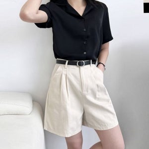 하이 핀턱 반바지 와이드 여성 핀턱 반바지 여름 코튼 벨트