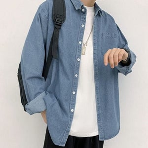 루즈핏 남성 데님 셔츠 캐주얼 남성 긴 팔 셔츠 데일리