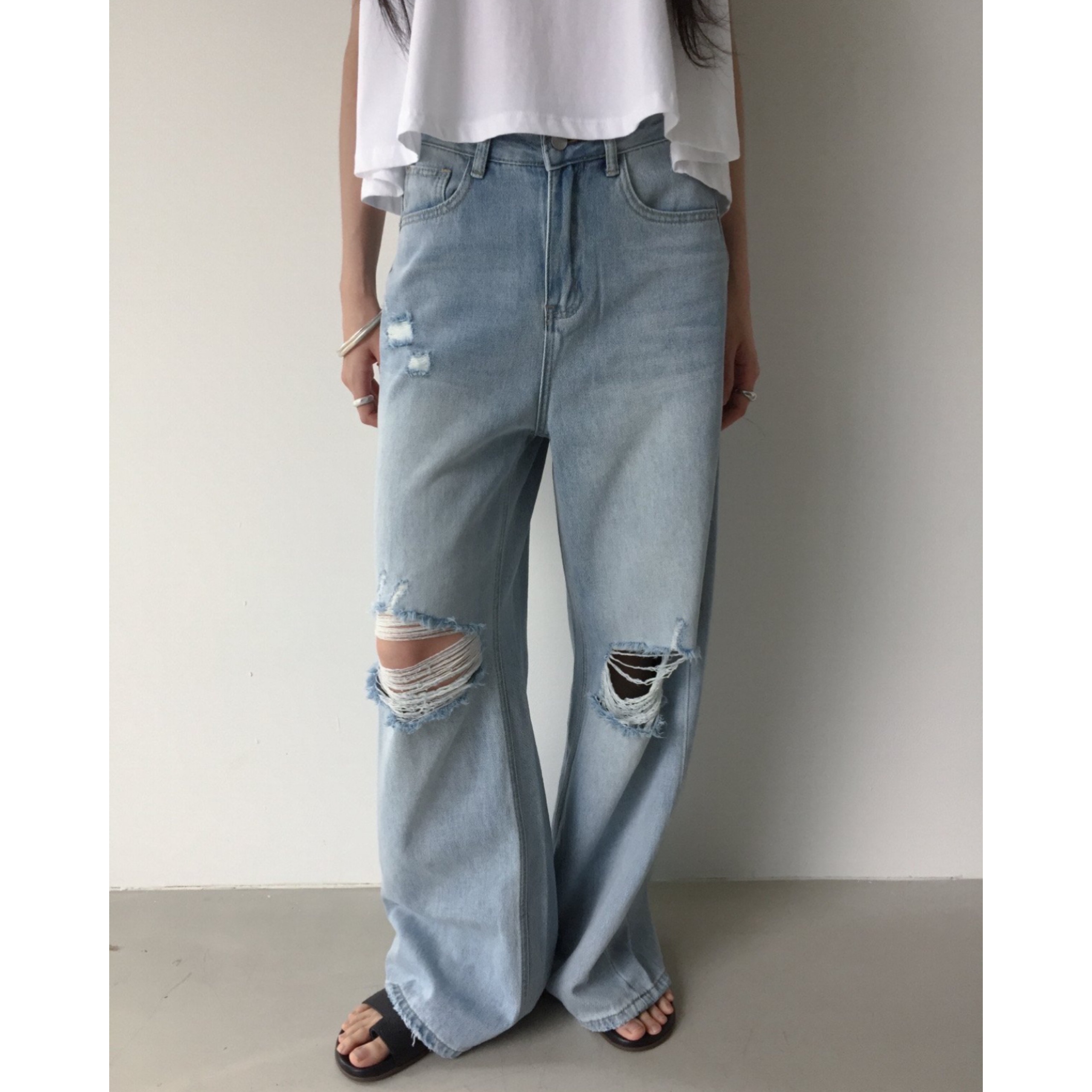 런던 데일리 찢청 데님 연청 빈티지 디스트로이드 와이드 청바지 SML