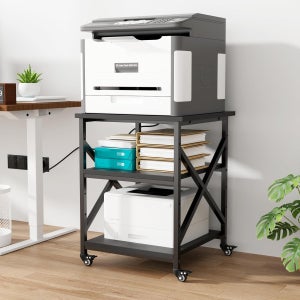 전원 콘센트가 있는 VOWNER 대형 프린터 스탠드 236L x 236W 302H 인치 높이 조절 가능한 수납 선반이 헤비 듀티 3단 카트 홈 오용 360° 휠