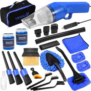 Viewsun 8PCS 차량 청소 키트 블루 고출력 휴대용 진공청소기가 장착된 인테리어 디링 브러시 세트 윈드실드 클리닝 젤 남성용 여성용 자동차 액세서리 완성 Blue