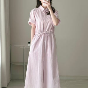 스트라이프 반팔 코튼 셔츠원피스 허리스트링 키작녀 3color 오브팔레트