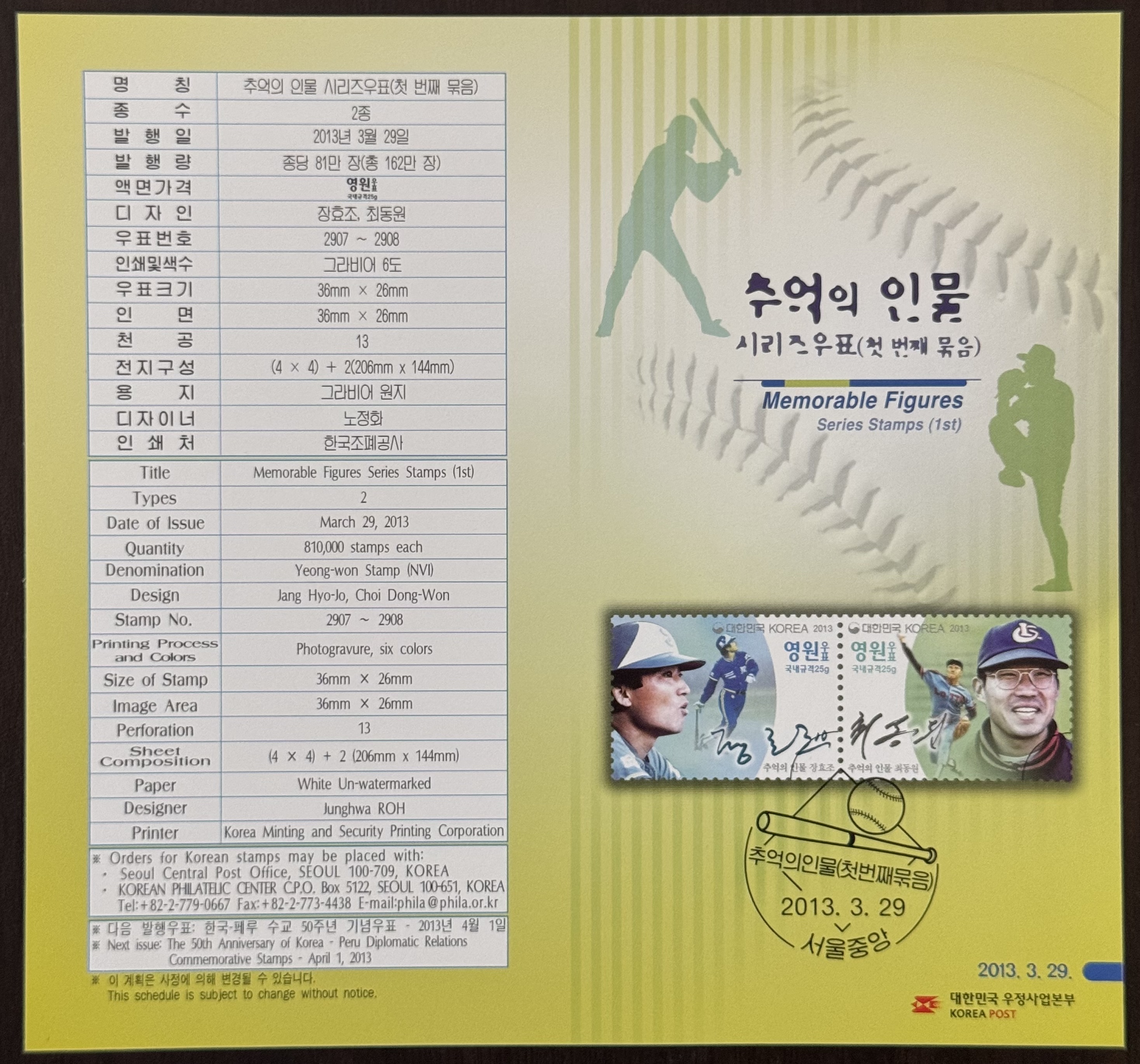 2013년 추억의 인물 1집 첫 번째 묶음 (야구 장효조, 최동원) 기념 우표 안내 카드