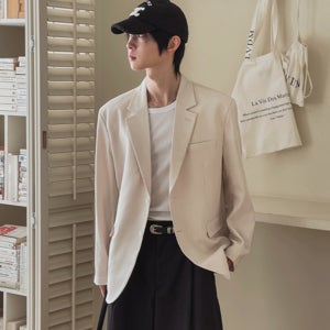 로브리 싱글 린넨 블레이저 남자 오버핏 루즈핏 카라 버튼 데일리 자켓