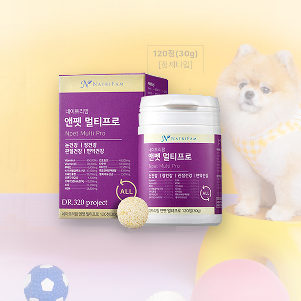 앤펫 멀티<b>프로</b> 반려동물 눈 장 관절 면역 올인원 멀티케어 종합 영양제 120정 30g