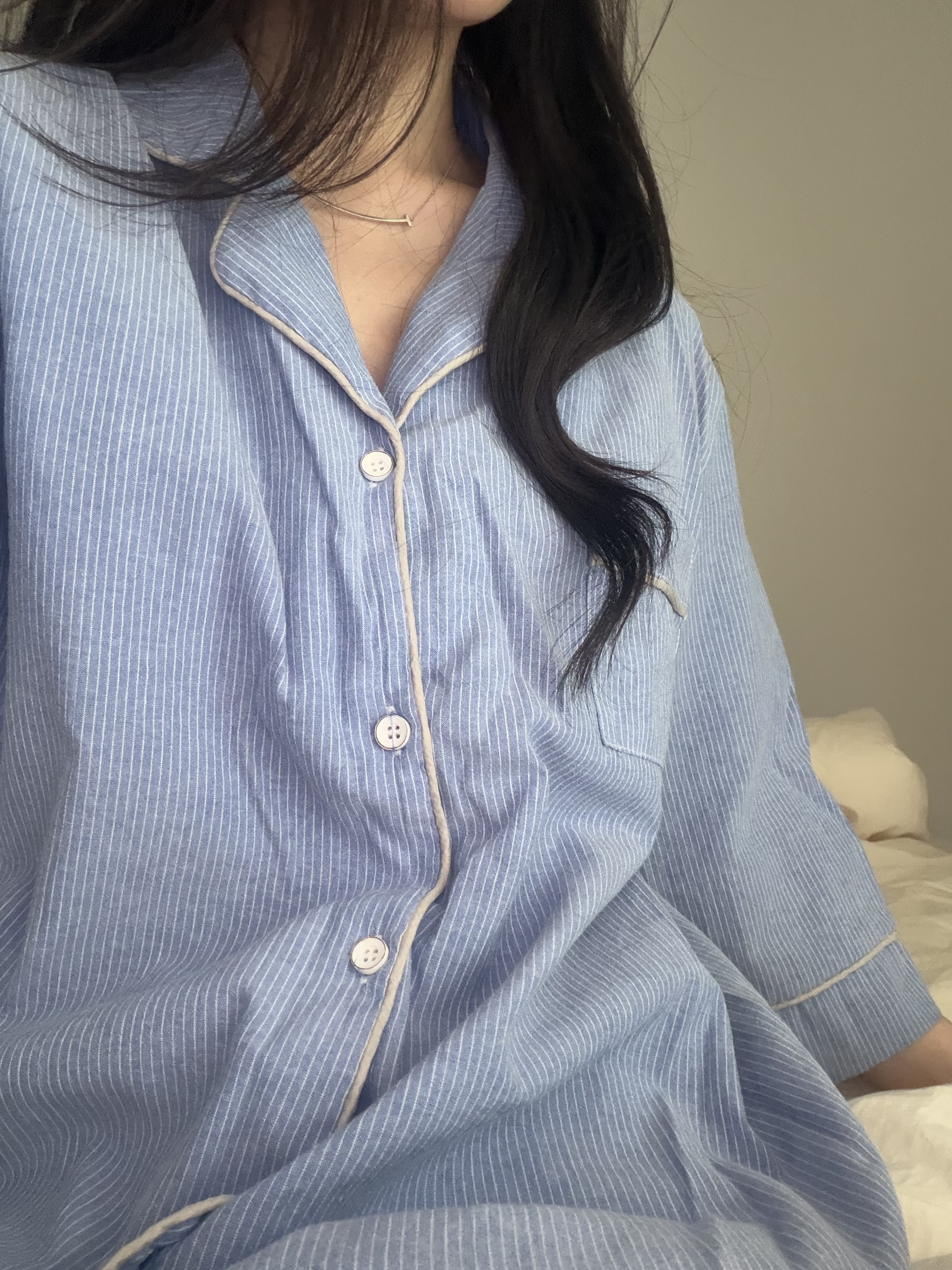 (코지 7부 세트 블루/화이트) 스트라이프 여름 커플 잠옷 파자마