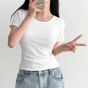 허블리 자체제작 여성 슬림핏 면 스판 라운드 유넥 반팔 티셔츠 무지 베이직