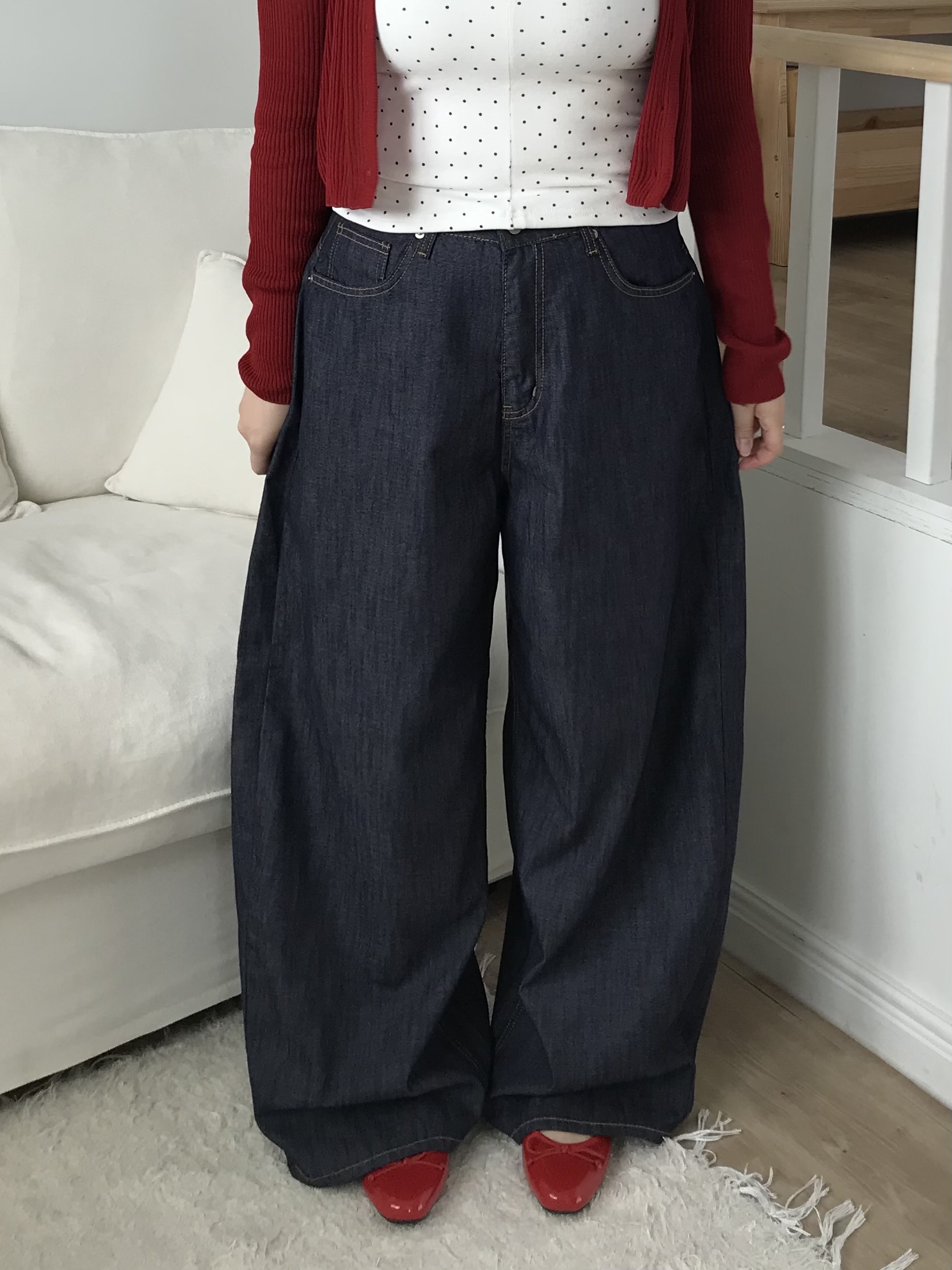 [아이보리,진청/S-XL] 힙포켓 스티치 자수 썸머 후들 롱 와이드 데님 팬츠 2color