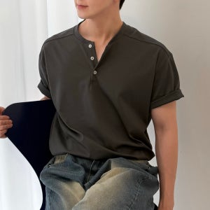 헨리넥 절개 오버핏 티셔츠 여름 남녀공용 루즈핏 스판