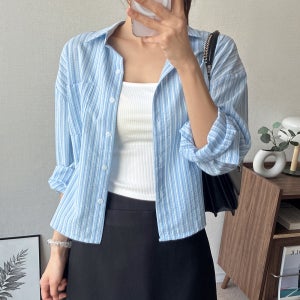 얇은 여름 면 크롭 스트라이프 하늘색 셔츠 남방 소라색 화이트