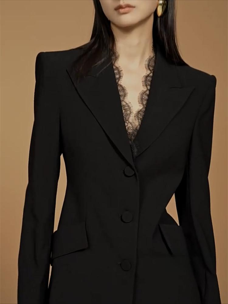 여성 슬림핏 정장 레이스 오피스룩 프렌치 봄가을 아우터 자켓 블랙 블레이저 S