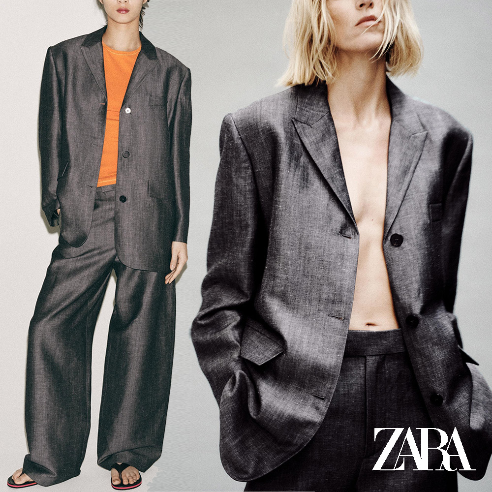 ZARA 자라 여성 린넨 블레이저 스트레이트핏 울 혼방 그레이