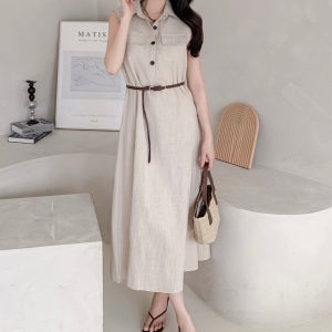 린넨 카라 민소매 롱원피스 여성 여름 하객룩 벨트세트 오브팔레트