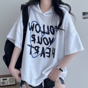 여름 반팔 팔로우 후드티셔츠 하트 레터링 오버핏 티셔츠