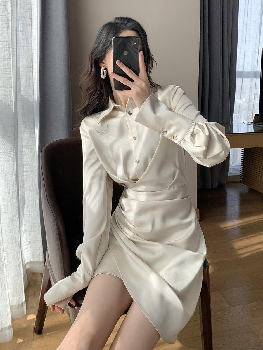 클로드 새틴 원피스 셔츠 랩 베이지 S