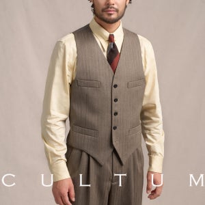 CULTUM 1930s 70% 울 V넥 싱글버튼 스트라이프 정장 조끼 530g 카키