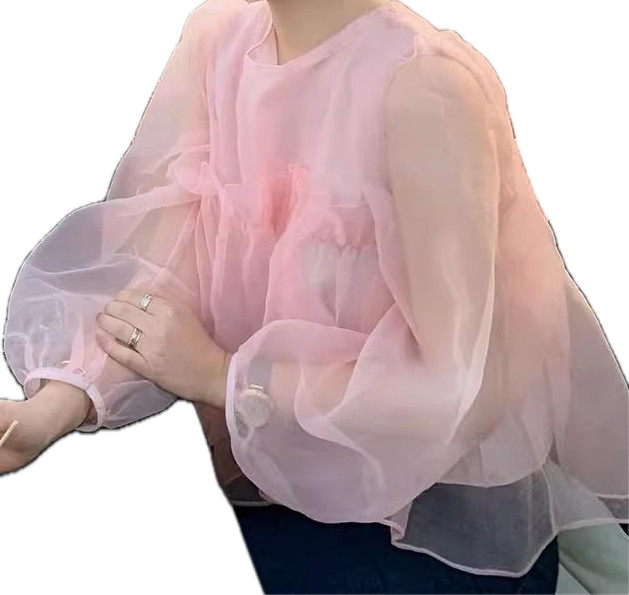 핑크 시스루 라운드넥 프릴 공주 퍼프 셔링 블라우스 반팔 긴팔 택1 봄 여름 예쁜 하객룩