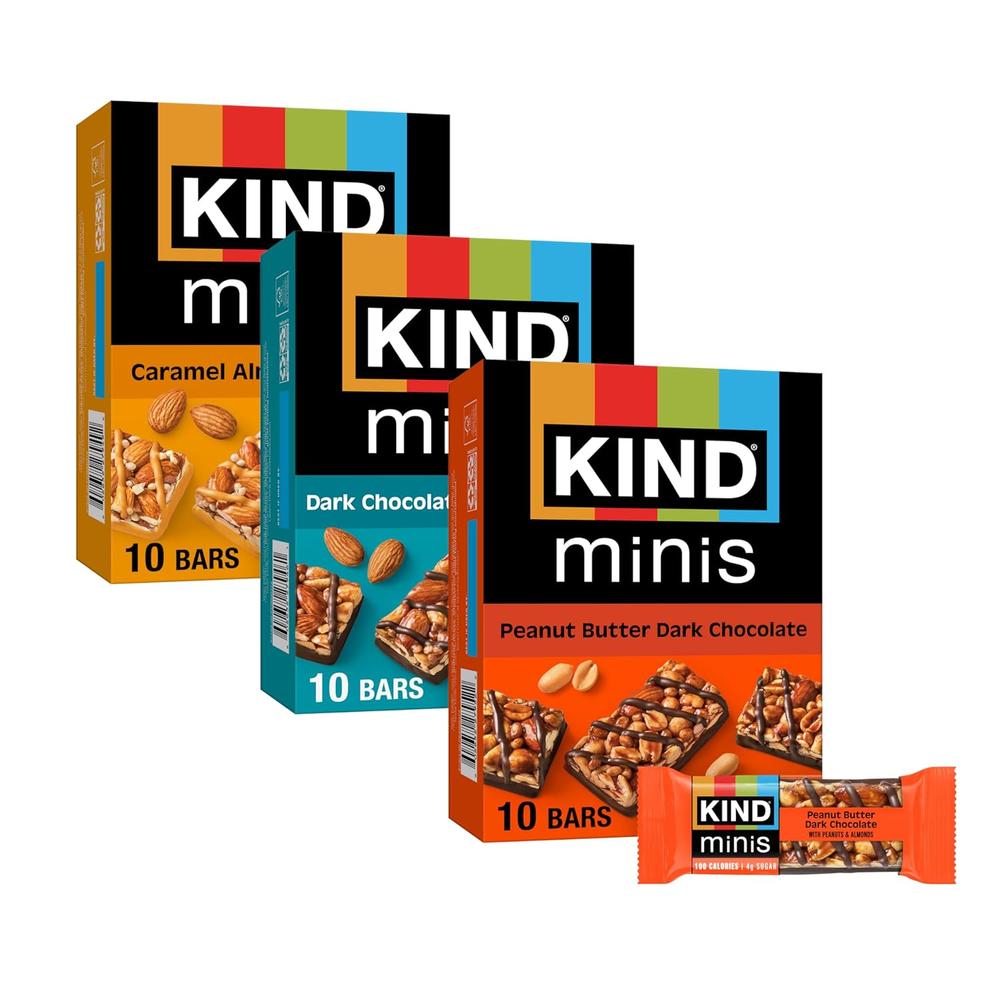 KIND 미니 스낵바 버라이어티 팩 Dark Chocolate Nuts & Sea Salt, Peanut Butter Dark Chocolate, Caramel Almond & S