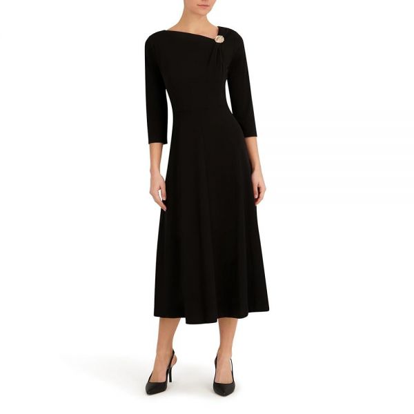 Anne Klein Women’s Asymmetric Neckline Three-Quarter Sleeve A-Line Midi Dress with Gold-Tone Button