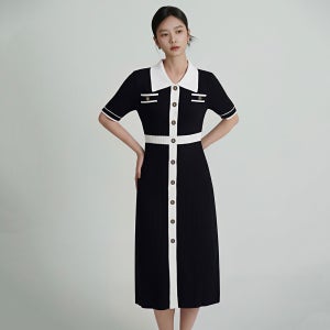 [N배송][샤틴] 배색 카라 니트 원피스 O262T957