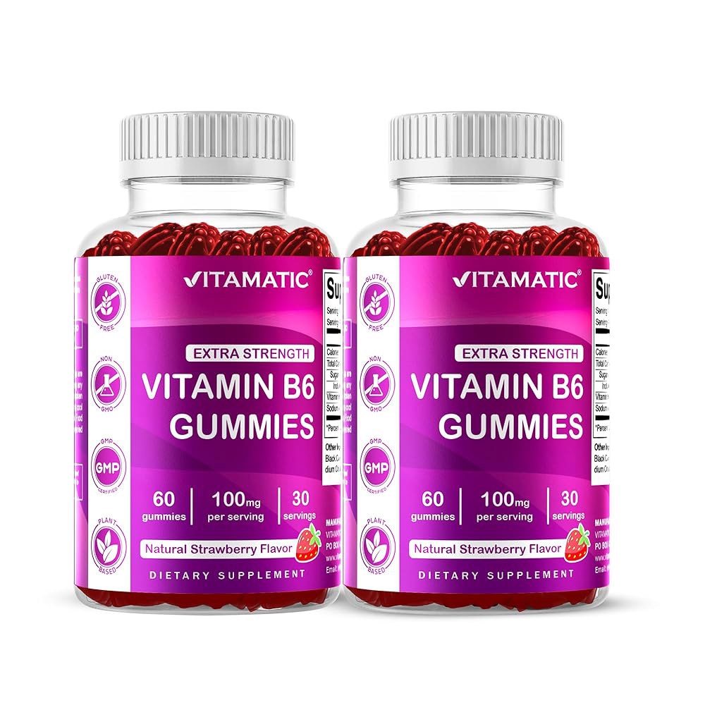 <b>비타민</b> B6 100MG 구미 U2013 딸기 60펙틴 기반 신경계 에너지 지원 2팩 60 Count (Pack of 1)