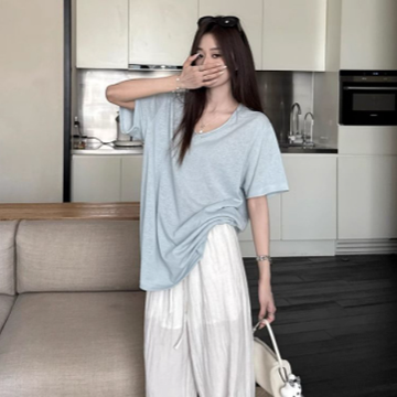 브이넥 루즈핏 하늘색반팔티 데일리 박시한반팔티