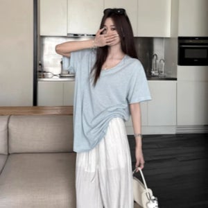 브이넥 루즈핏 하늘색반팔티 데일리 박시한반팔티