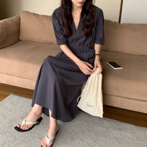 F006850 데일리캐주얼원피스 루즈핏 롱원피스 브이넥 원피스 빅사이즈 오버핏