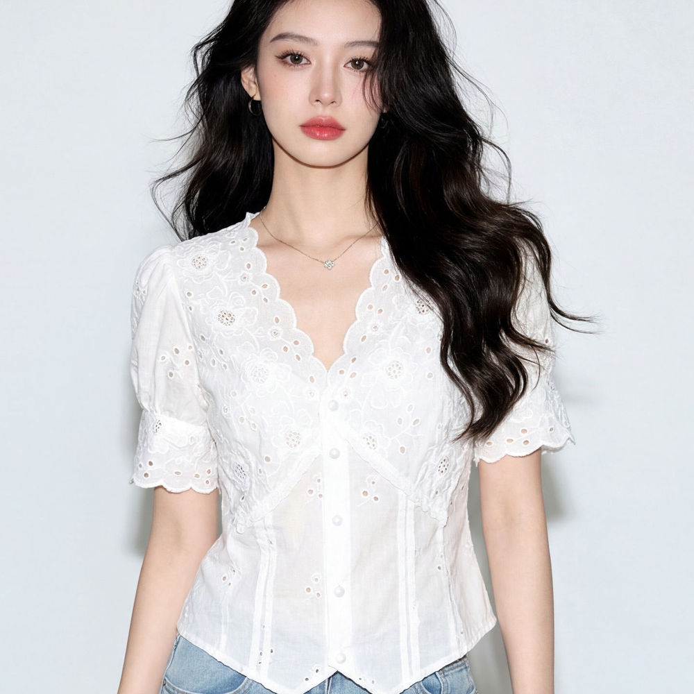 프렌치 레이스 반팔 셔츠 여성 여름 브이넥 퍼프소매 흰색 상의 S [40-50]
