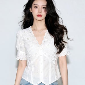 프렌치 레이스 반팔 셔츠 여성 여름 브이넥 퍼프소매 흰색 상의 S [40-50]