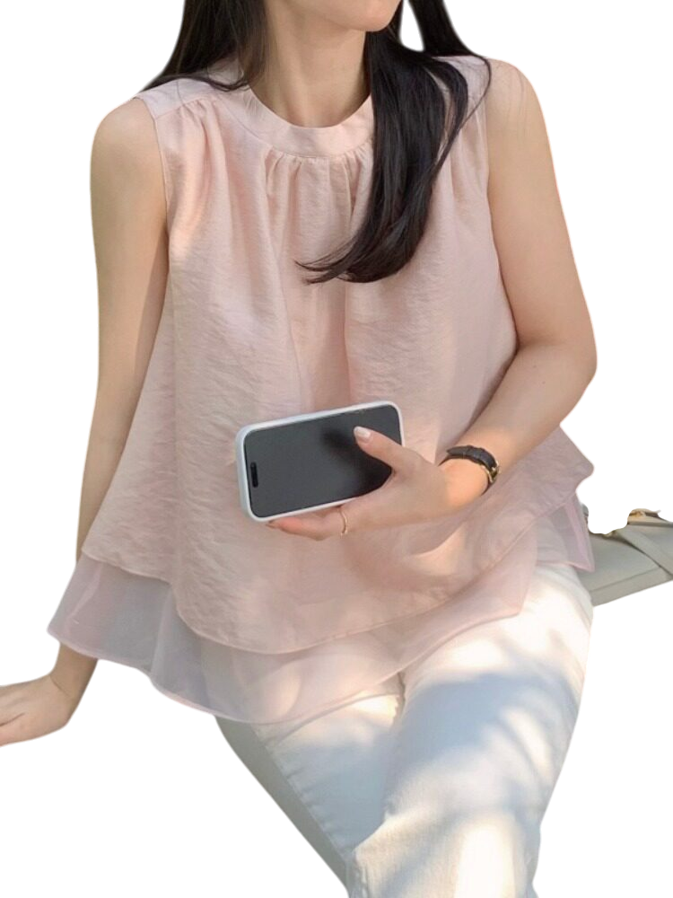 핑크 라운드넥 시스루 투톤 레이어드 셔링 나시 블라우스 봄 여름 예쁜 하객룩