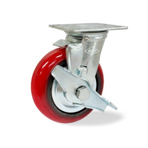 중하중용캐스터 125mm-38mm 5인치 적색 회전브레이크 우레탄바퀴 고급형캐스터 250kg 밑판사이즈 86-97 mm