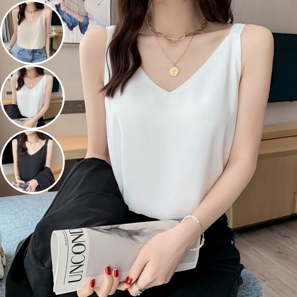 블라우스 정장 이너 시스루 실크 화이트 끈 민소매 쉬폰 나시 여름 브이넥 여자 여성 기본