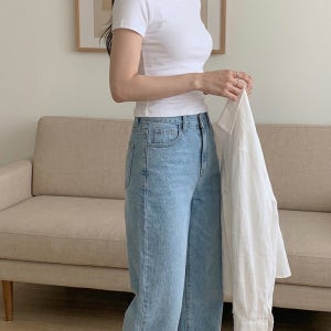 여성 청바지 세미 와이드 데님 팬츠 여름 하이웨스트 일자 진청 블랙진 아이스 바지