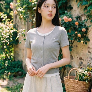 행텐 여성 슬림핏 웨일 가디건 레이어드 반팔 티셔츠_멜란지그레이