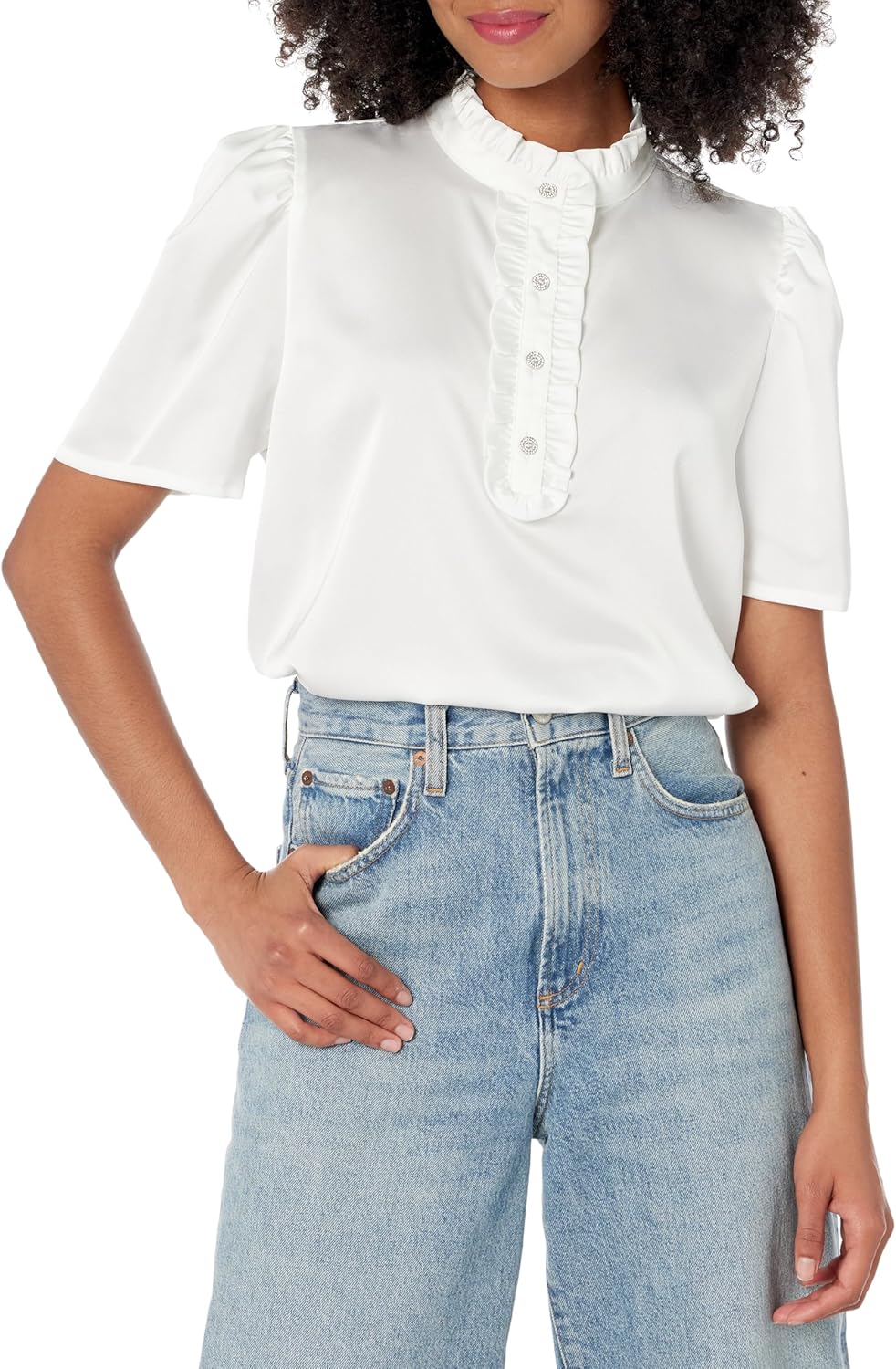 칼 라거펠트 여성 러플 디테일 반팔 블라우스 X-Large Soft White
